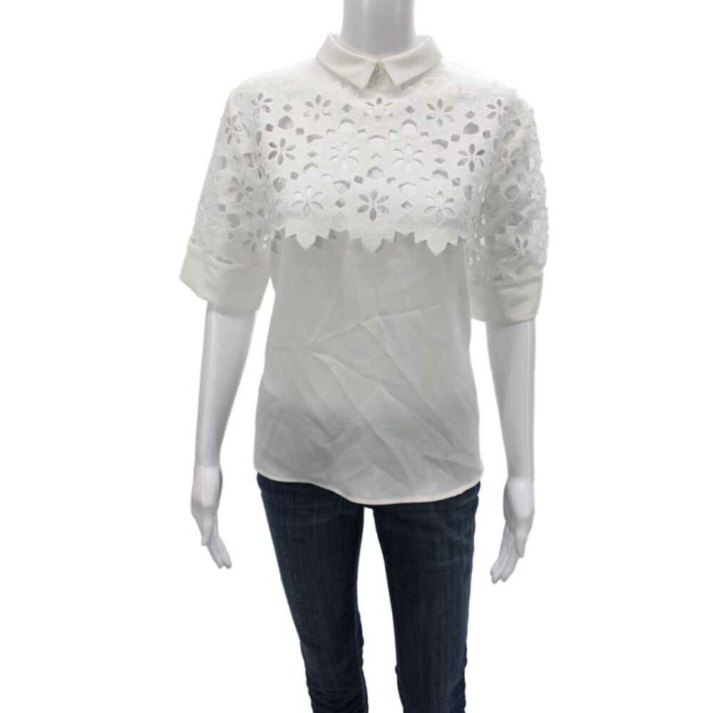 Anne Fontaine Womens White Floral Collared Short Sleeve Basic Blouse Size 44